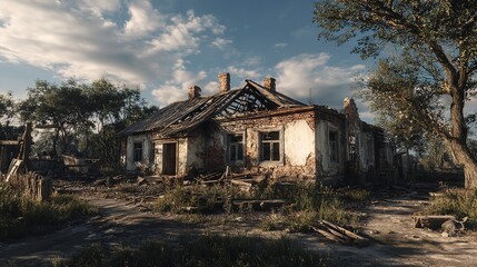 Abandoned rural house stands in ruins, a stark reminder of loss, decay and abandonment.