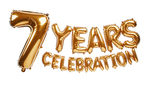 Golden number 7 balloons forming the text 7 years celebration isolated on transparent background