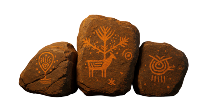 Ancient Symbols: A trio of weathered stones is etched with intricate, enigmatic symbols. Each stone carries a unique carving, whispering tales of a bygone era.