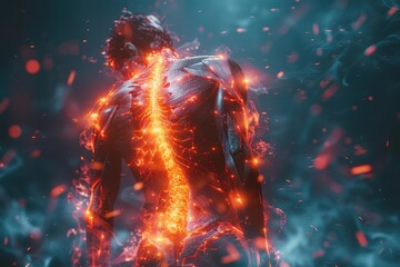 A person in agony, clutching their lower back with a fiery red glow emanating from the sciatic nerve.