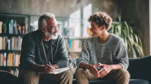 Mature mentor guides young man in learning session in cozy library setting