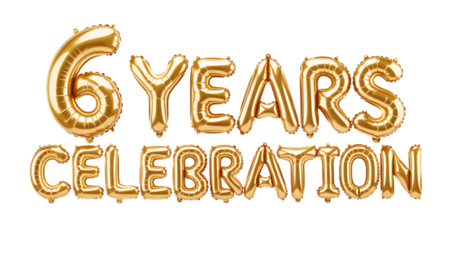 Golden number 6 balloons forming the text 6 years celebration isolated on transparent background