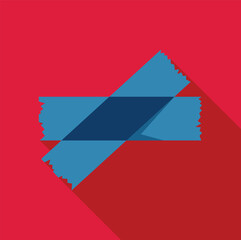 Two pieces of blue masking tape are crossed, making an x shape over a red background