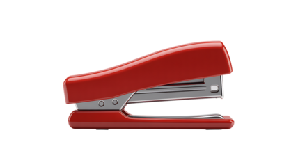 A bright red office stapler isolated on a clean transparent background, a common tool for fastening papers together in an office or school setting