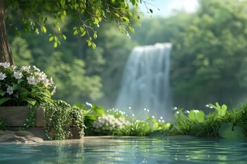 Naklejka premium Waterfall with water droplets shimmering like iridescent pearls.