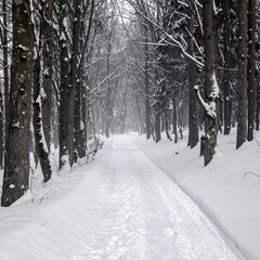 A snowy forest path, trees, winter