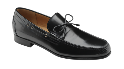 A polished black leather moccasin loafer with a subtle tie detail, isolated on a transparent background