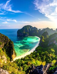 Panoramic view of a pristine beach nestled in a tropical bay