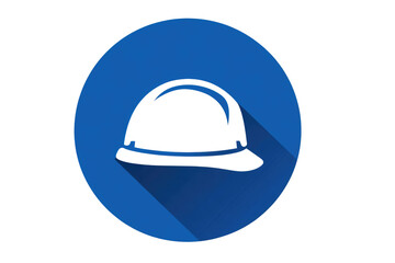 Fototapeta premium Flat design blue hard hat icon with long shadow inside a blue circle, representing safety, construction, and industrial work. background removed