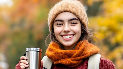 Happy Woman in Autumn Woods Holding Thermos