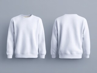White crewneck sweatshirt displayed on a hanger against a gray wall, great for custom artwork and stylish casual wear promotions.
