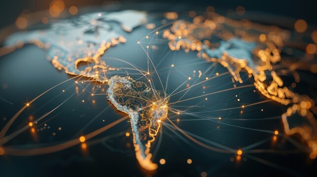 A global map overlaid with a network of interconnected lines and nodes.