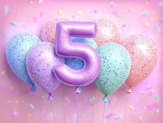 Birthday balloons, number 5 with pastel colors, excellent for holiday art. Great for kids party and cheerful themes, capturing the lively five balloon atmosphere.