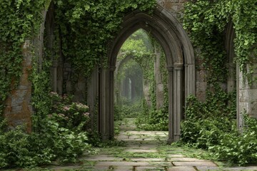 Ruined arches covered in ivy create mystical forest path. Ancient stone and green plants form enchanted hidden walkway.