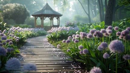 Botanical garden path lined with allium leading to a charming gazebo.
