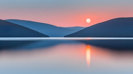 Serene Sunset Landscape, Mountains Reflecting in Calm Lake Water