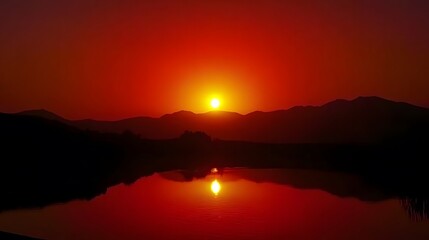 Fiery Sunset Over Silhouetted Mountains and Lake
