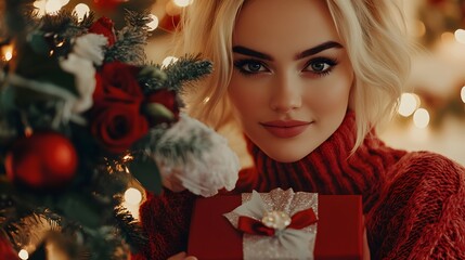 Beautiful Woman Holding Christmas Gift Red Sweater Festive Season