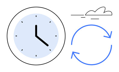 Circular clock face with arrows symbolizing rotation and cycles, paired with a minimal cloud. Ideal for time, process, renewal, productivity, planning, flow, and simple flat metaphor