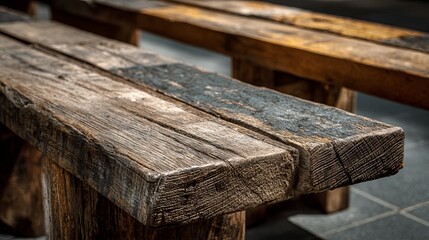 Fototapeta premium Rustic weathered wooden bench with textured grain, evoking natural beauty and timeless design.