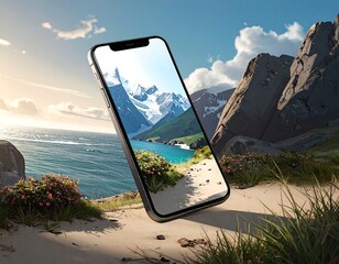 Smartphone displays stunning mountain and ocean vista
