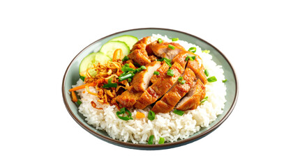 Savory grilled meat with rice, cucumber, and scallions, on a ceramic plate