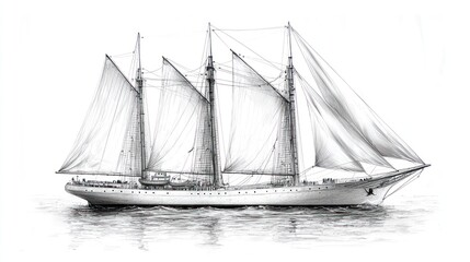 Obraz premium Tall sailing ship at sea, detailed illustration in gray