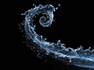 Dynamic water spiral against black backdrop evokes fluidity and movement with elegant visual design.