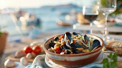 Naklejka premium Mussels in Mediterranean seafood stew, tomatoes, onions, olives, rustic bowl, seaside restaurant backdrop, charming and inviting.
