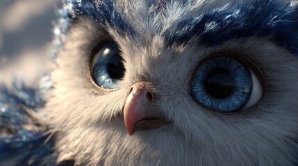 Close-up of a fluffy creature with striking blue eyes and white and blue feathers, capturing innocence and wonder in a detailed view.