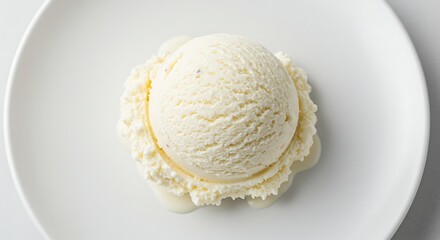 A perfect single scoop of creamy vanilla ice cream melting on a clean white ceramic plate from a top-down view
