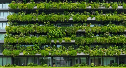 Modern architecture featuring a stunning vertical garden with dense green foliage on balconies