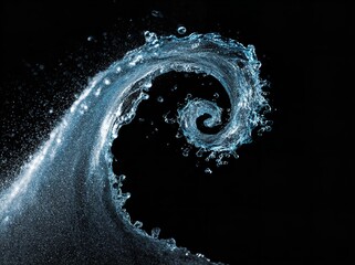 Captivating swirl of crystalline water isolated against a stark black backdrop, resembling an elegant, liquid wave.