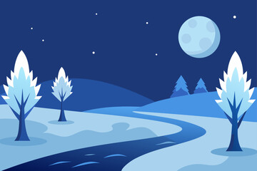 Naklejka premium A winter landscape with moon trees and river scene