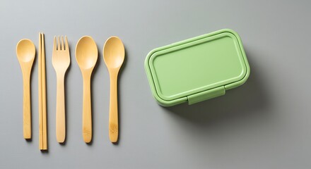Eco-friendly bamboo cutlery and lunchbox set on a gray surface, sustainable living