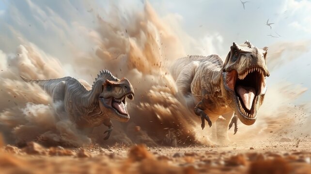 Two Allosaurus battle fiercely in an open plain, their bodies clashing amid a cloud of dust.