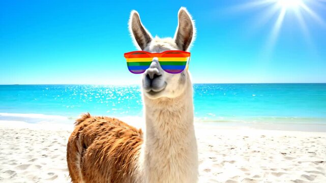 Llama Wearing Rainbow Sunglasses Enjoys Sunny Day at the Beach