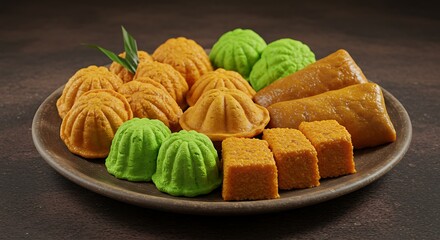 A delicious assortment of colorful traditional Southeast Asian sweet kuih cakes on a platter