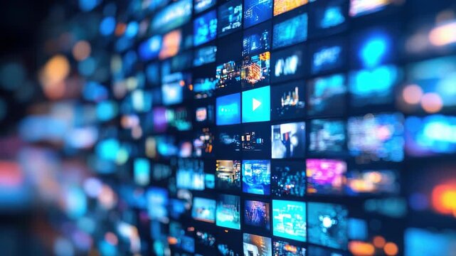 Multiple screens displaying various colorful images and videos, creating digital media wall