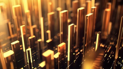 Metallic glossy bar graph rising in abstract golden light for business growth concepts