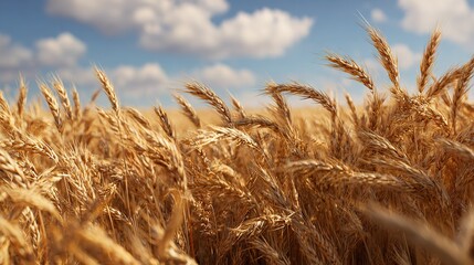 Golden Wheat Field Basking Under Sunny Blue Skies With White Puffy Clouds Abound