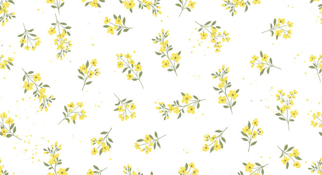 A delicate pattern of small yellow flowers scattered across a white background.