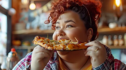 Joyful plus size woman enjoying pizza in a cozy cafe setting