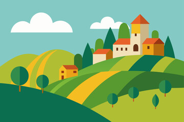 Cartoon village landscape with hills and buildings