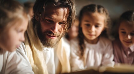 Fototapeta premium A bearded man guides young children reading a sacred book in a warmly lit indoor setting focusing on spiritual education