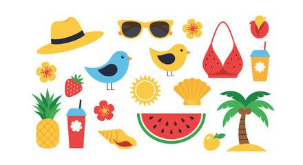 Fototapeta premium A vibrant collection of summer-themed illustrations featuring various iconic elements.