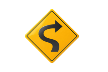 A bright yellow diamond-shaped road sign indicating a winding road ahead with a black S-curve arrow pointing right, isolated on green. background removed