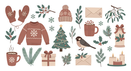 Winter holiday illustrations with cozy seasonal elements and festive decorations.