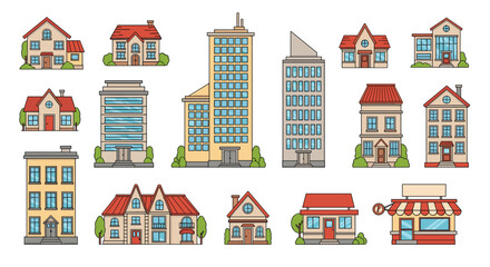 A charming collection of pixelated buildings showcasing various architectural styles and designs.