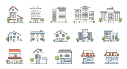 A Collection of Diverse Modern Building and House Icons.